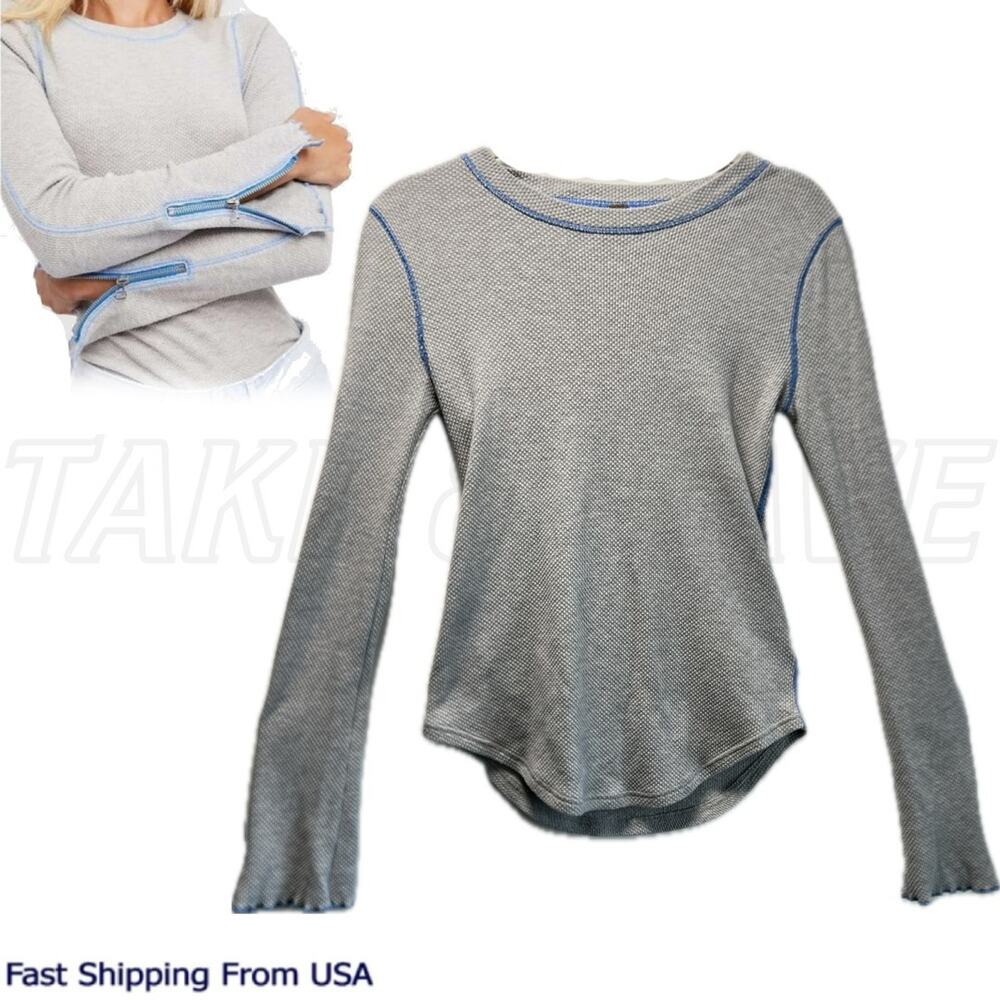 Free People Zip It Waffle Thermal Zipper Cuff Long Sleeve Grey Blue Trim MEDIUM